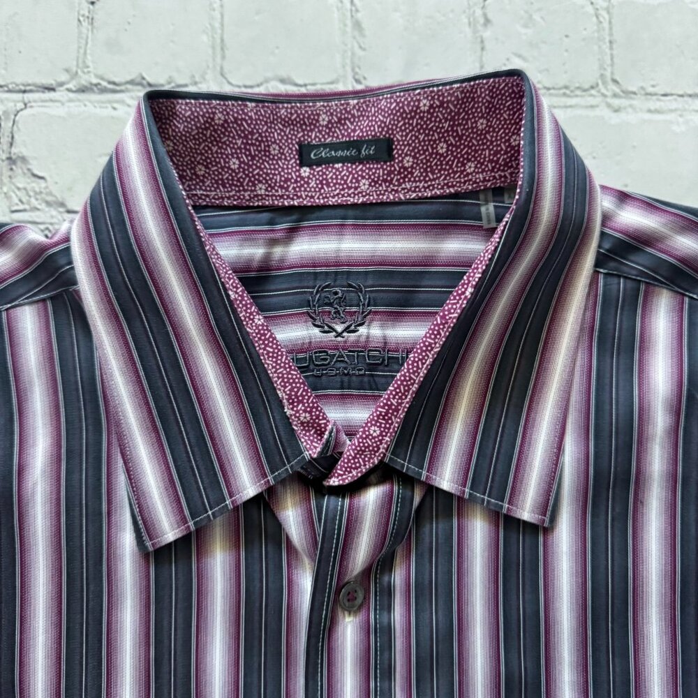 Mens Bugatchi Uomo Classic Fit Striped Gray Pink Floral Dress Shirt XXL 2X
